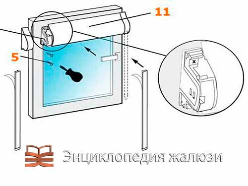 Схема установки кассетных рулонных штор на саморезы Схема установки кассетных рулонных штор на саморезы